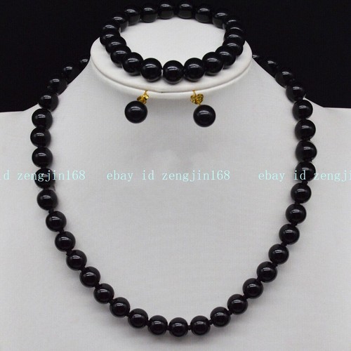 Genuine 6/8/10mm Black Agate Round Gems Necklace Bracelet Earrings Set 18/7.5'' - Picture 2 of 12