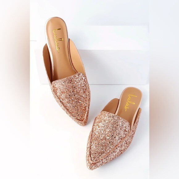 Lulus Joelle Rose Gold Glitter Loafer Slides