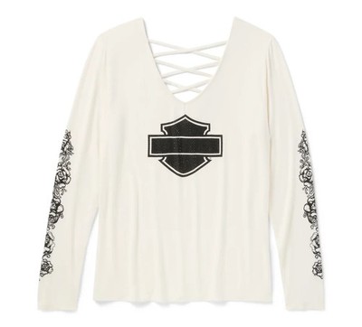 Damen-T-Shirt Glitzer Chrom & Rosen Langarm geschnürt hinten V-Ausschnitt - Cloud Dancer