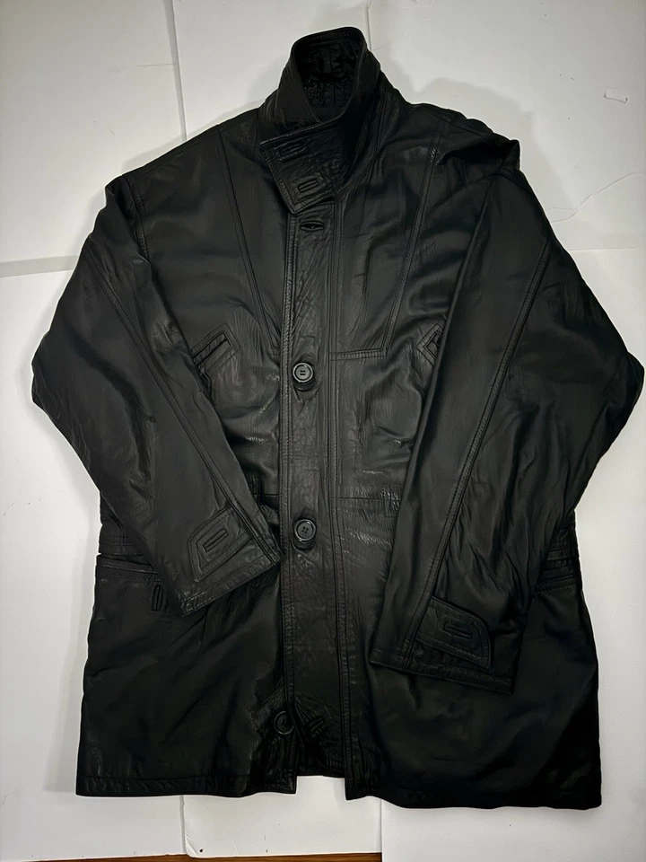 Auténtico abrigo de cuero negro vintage Hugo Boss EU 54 XL 80s forro satinado dorado Foto 2 de 4