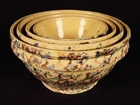 RARE ANTIQUE AMERICAN RED WING 4 BOWL SET RED & BLUE SPATTER GLAZE YELLOW WARE