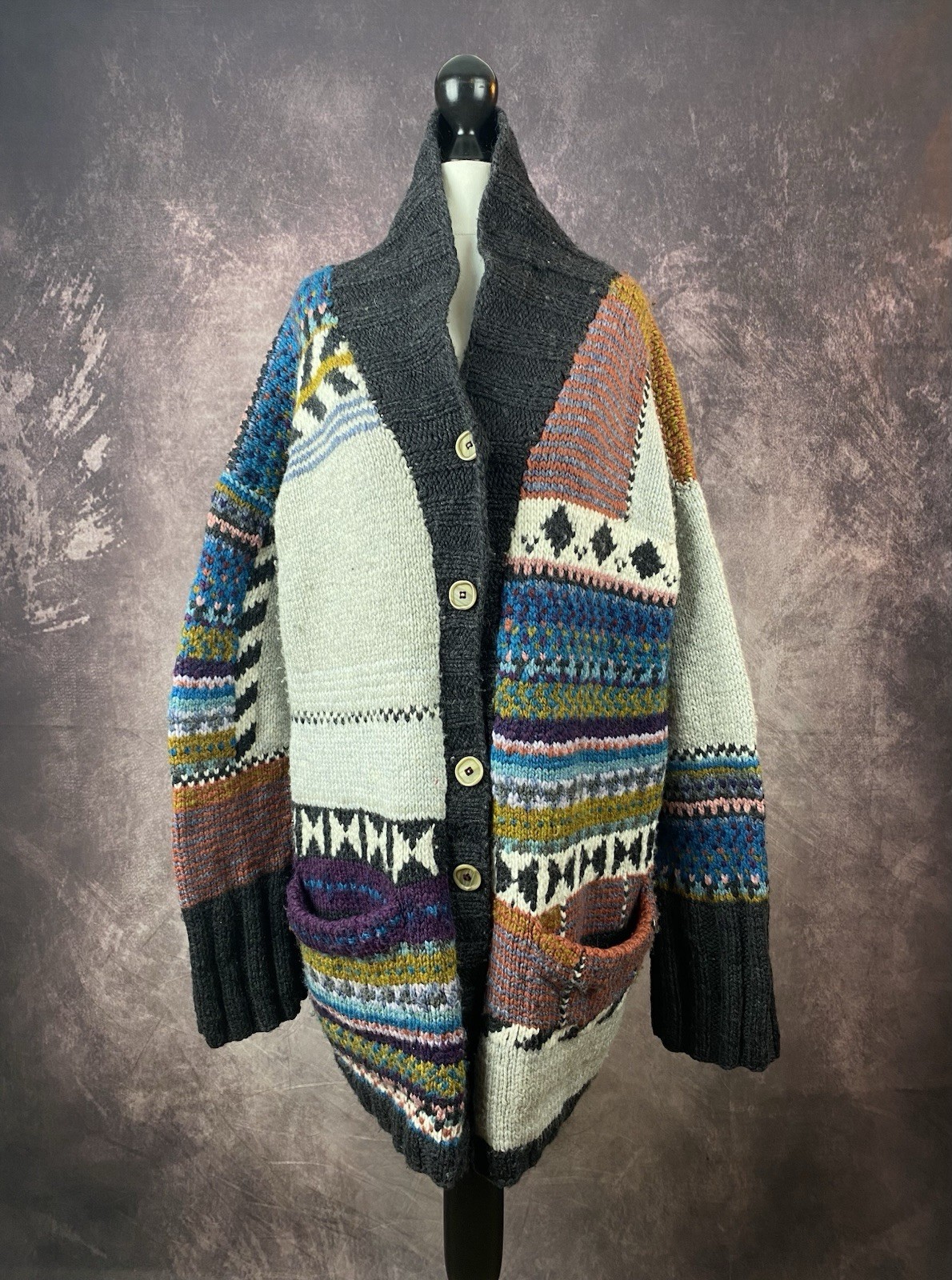 Forever Amano Hand Knitted Fair Isle Stripe Sheep Wool Cardigan Size: S