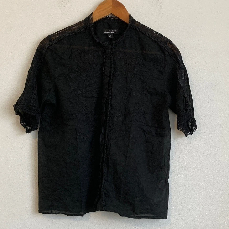 J. Crew Embroidered lace-trim button-up shirt in cotton voile Size 6 Black Sheer - Image 2 of 4