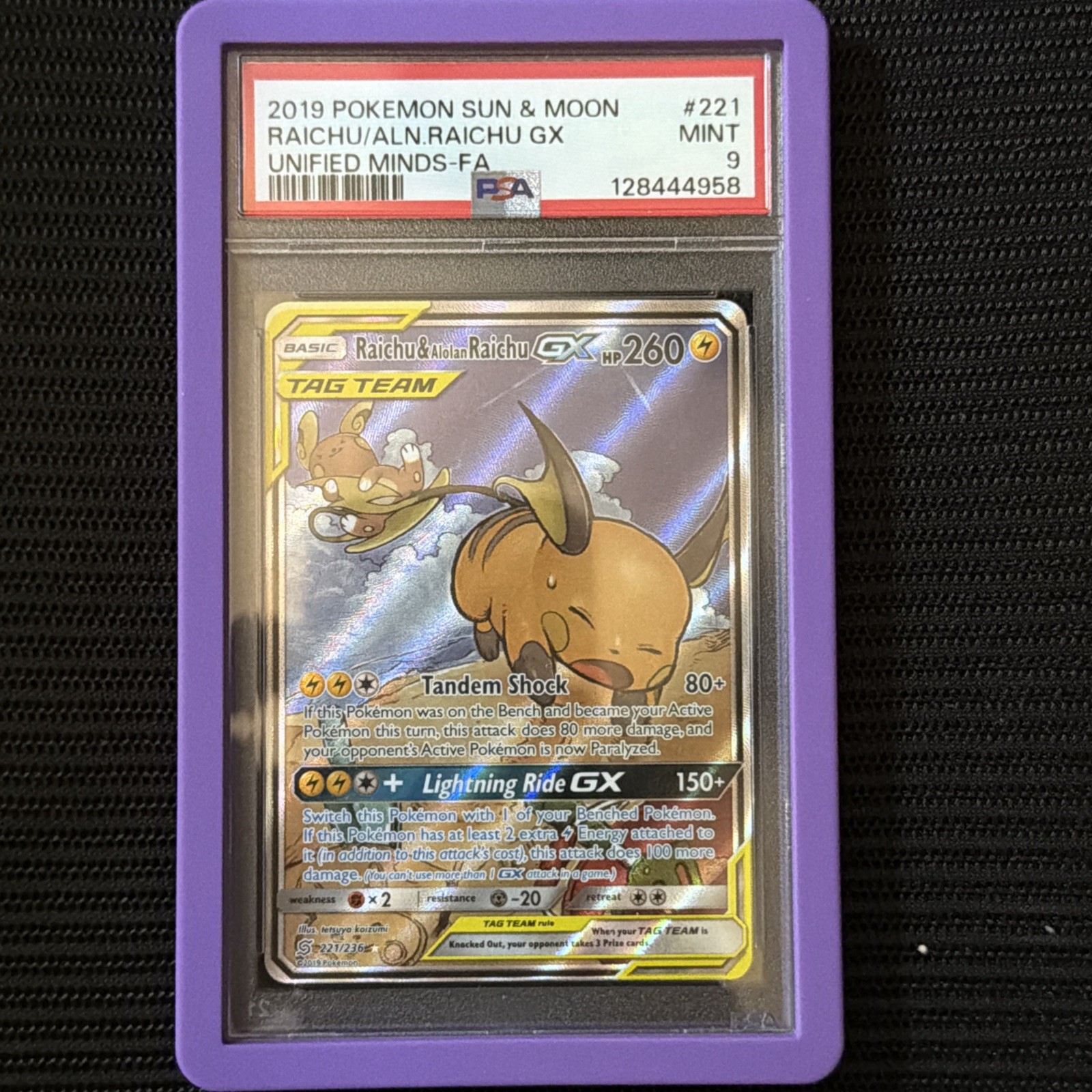 Raichu and Alolan Raichu GX Tag Team Alternative Art Card 221/236 PSA 9