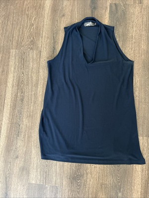 #ad Sympli Canada 10 Trapeze Tank Navy Deep V Neck Sleeveless Side Slit MINT $30.40