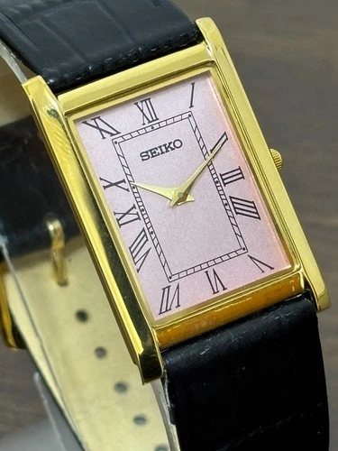 Vintage Seiko Slim Quartz Men's Wrist Watch -Leather Strap -Pink Roman Dial