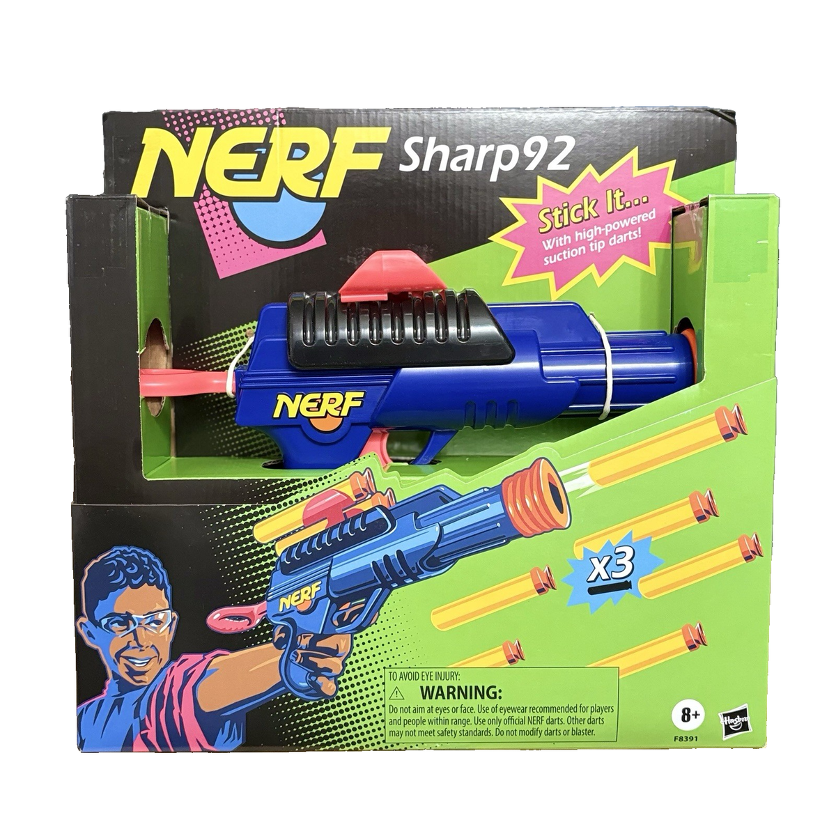 Nerf Sharp92 Retro Dart Blaster, 3 Suction Tip Darts, Sticker