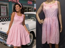 VTG ORIG 50s 60s PINK W APPLIQUE COTTON CIRCLE PIN UP ROCKABILLY VLV SUN DRESS S