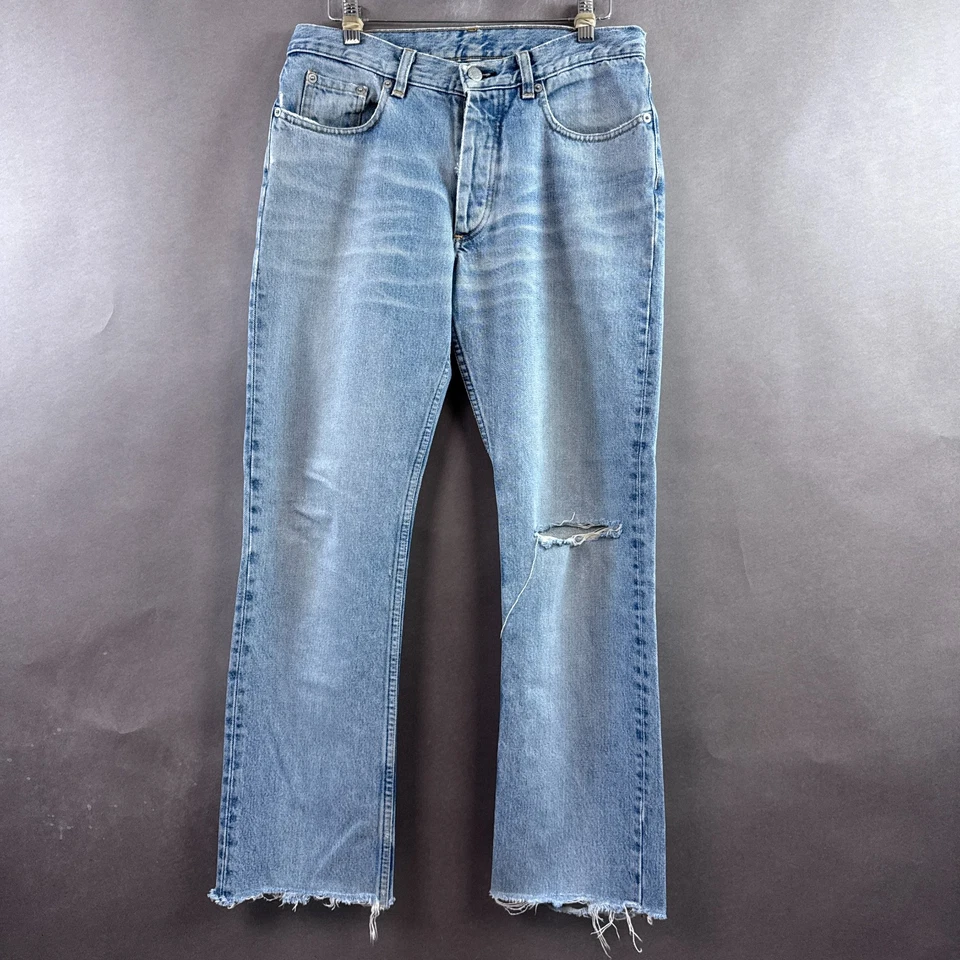 Vintage Helmut Lang Jeans Womens 29 Blue Distressed Frayed Hem Button Fly Thrash - Image 3 of 4