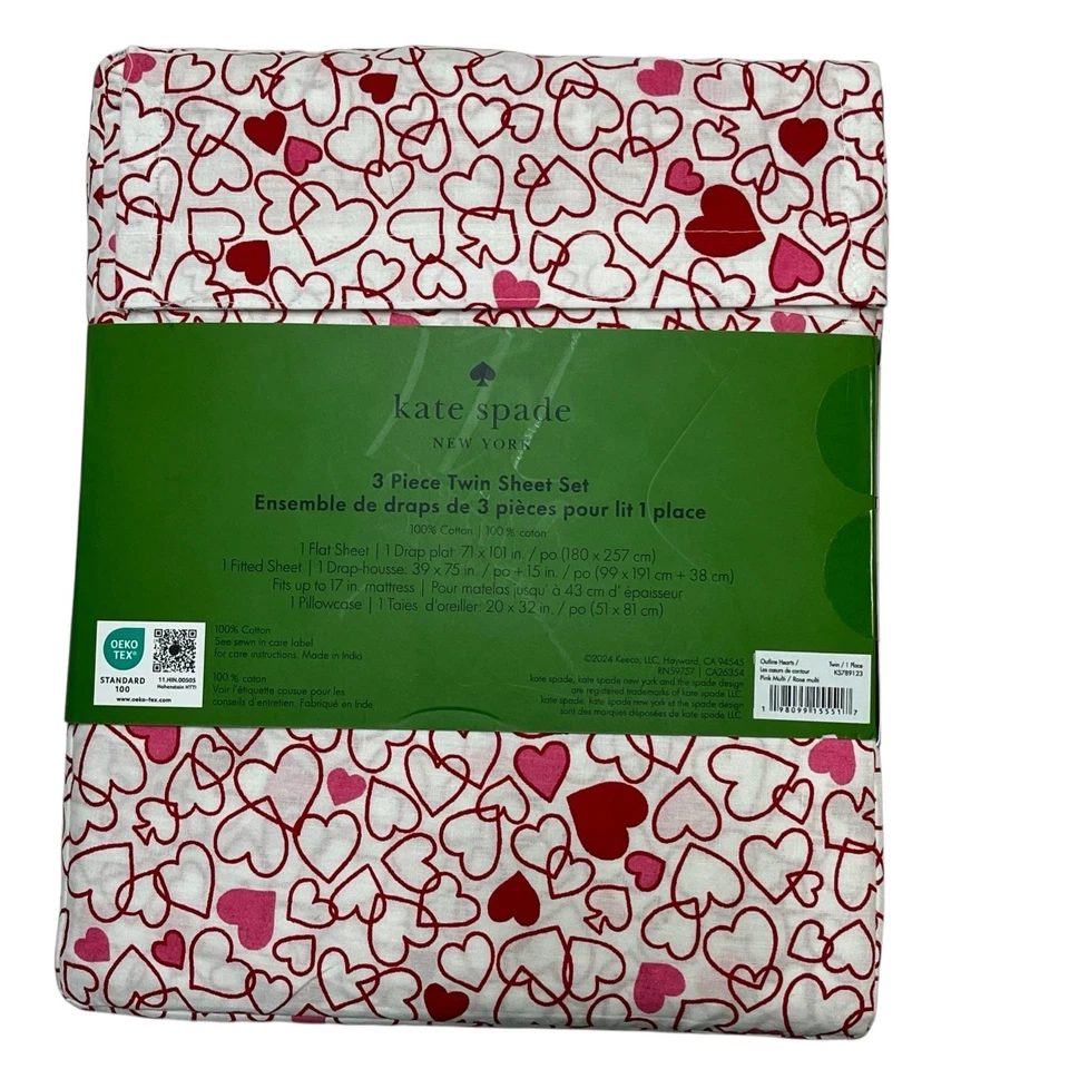 Kate Spade Twin Sheet Set Pink Red Outline Heart 3 Pc Cotton Love Valentine Day - Image 2 of 4
