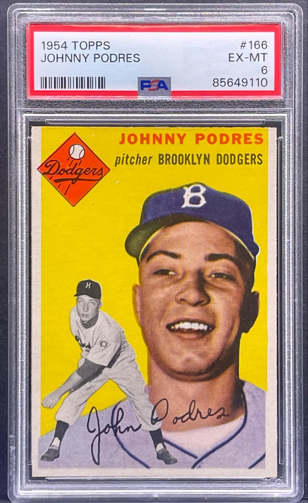 1954 Topps Baseball #166 Johnny Podres Vintage Card Brooklyn Dodgers PSA 6 EX-MT