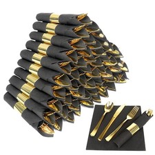 50 PCS Pre Rolled Gold Plastic Silverware Set Wrapped Cutlery Black Napkin Set