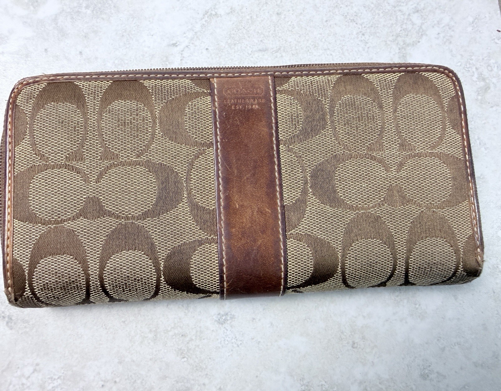 Coach Signature Brown Canvas Leather Zip Around Accordion Wallet Women’s