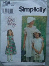 SIMPLICITY PATTERN 9459  GIRLS DRESSES & HAT SIZES 7 8 10 12   1995