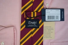 Drake's English Silk/ Cotton Magenta w/ Gold/ Olive Repp Stripe Club Tie (NWT)