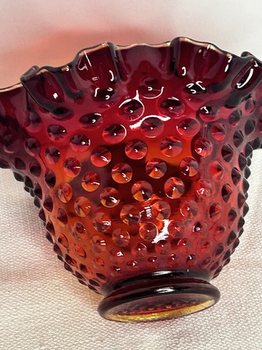 Fenton Amberina Ruby Red Hobnail Rose Bowl Vase Crimped Ruffled 4” UV Reactive - Picture 11 of 18