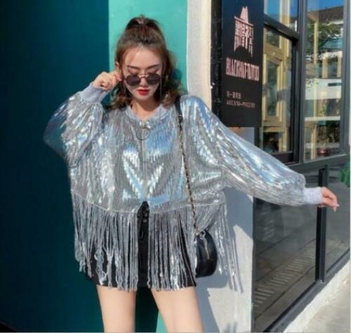 Womens Glitter Fashion Sequin Fringe Tassel Long Sleeves Jacket Coat Outwear NEW - Bild 11 von 18