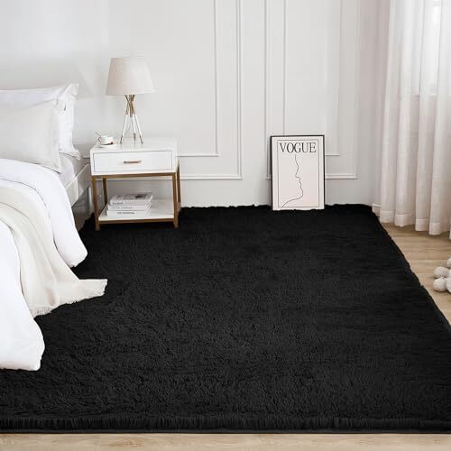 5x8 Fuzzy Area Rug for Living Room Bedroom Fluffy Shag Furry 5x8 feet Black - Afbeelding 2 van 7