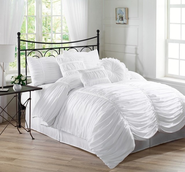 7 Piece Claraita Chic Ruched Pleated Comforter Set Queen King Cal