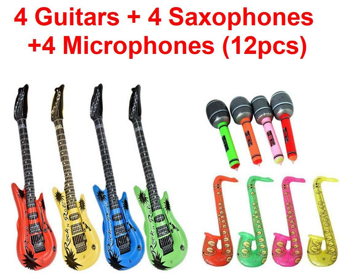 Juego de 12 piezas de paquete de soplado de juguete inflable de fiesta 4 guitarras 4 saxofones 4 micrófonos