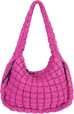 Juoxeepy Quilted Tote Bag Large Carryall Puffer Shoulder Rose Pink 