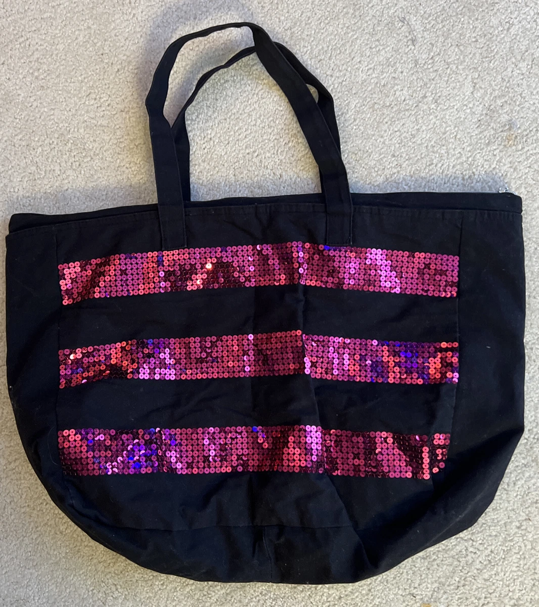 Victorias Secret Tote Bag Black VS Pink Sequin BLING Large Canvas Handle