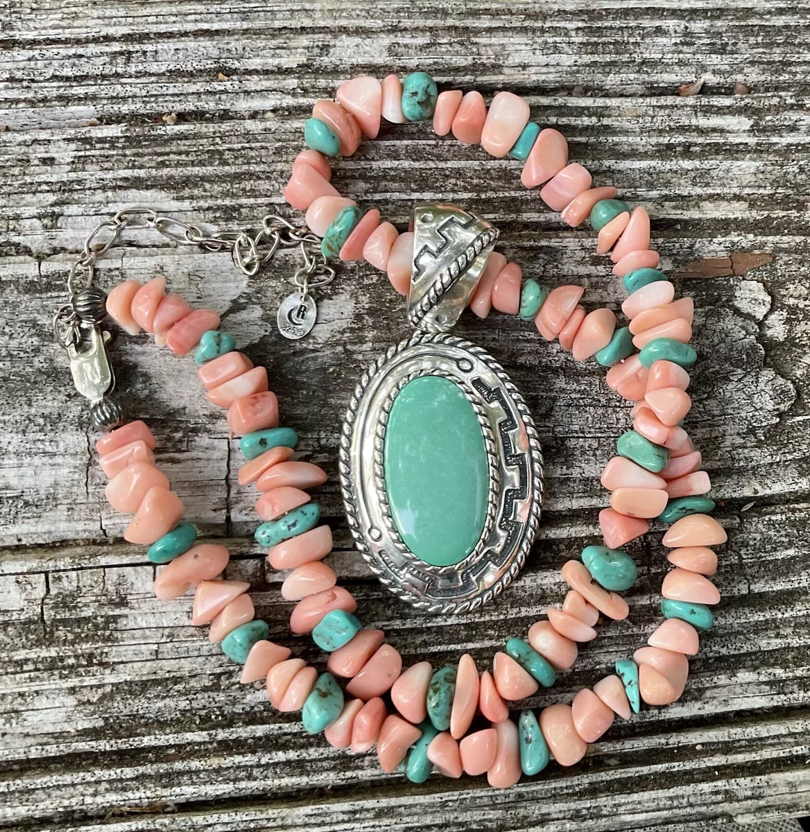Vintage Carolyn Pollack Turquoise Coral Silver Beaded Necklace Pendant Set