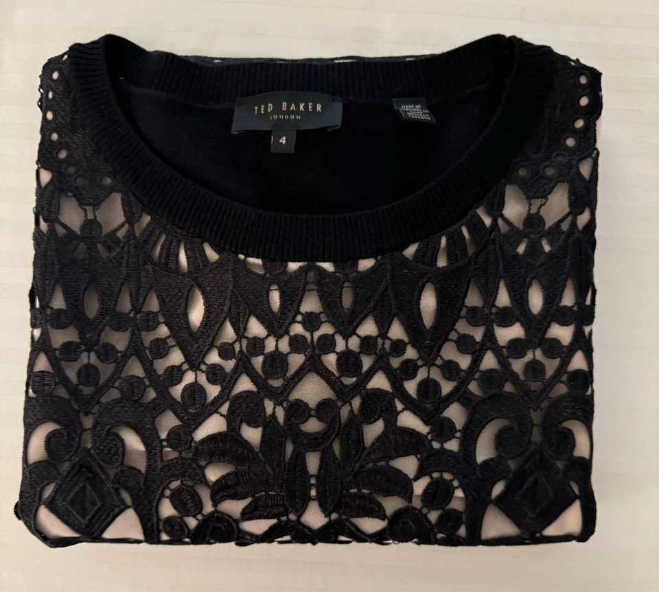 Blusa para mujer Ted Baker algodón/mezcla L/S talla 4 negra sobre beige crocket nueva sin etiquetas Foto 3 de 4