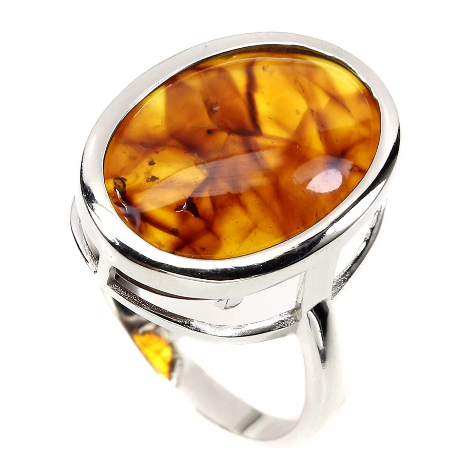 925 Anello Argento Sterling Ovale Ambra Polonia 18x12mm Gemma Gioielli 9 - Immagine 2 di 4