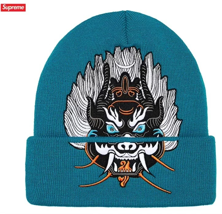 Casquette coiffeuse graphique japonaise authentique Supreme Demon Beanie FW21BN71 sarcelle
