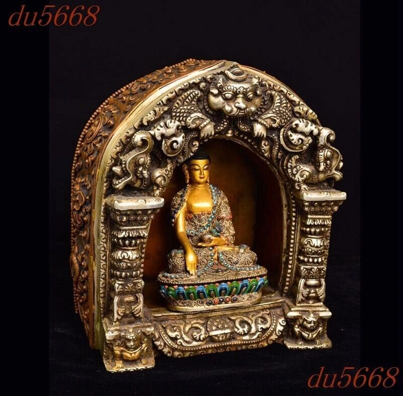 10" Tibetano púrpura cobre incrustación gema Sakyamuni Shakya Mani altares budistas estatua Foto 2 de 4