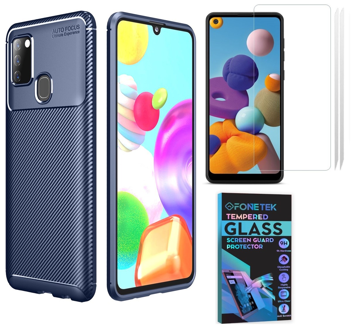 Samsung Galaxy A21s Carbon Fibre Slim Shockproof Case 2x Glass Screen  Cover
