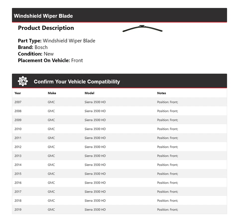 Para 2007-2019 GMC Sierra 3500 HD Bosch ICON limpador de para-brisa dianteiro 2008 - Imagem 2 de 4
