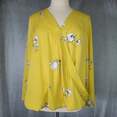 Yellow White Floral Wrap Style Blouse Womens 2X Flare Sleeve Silky Office Career