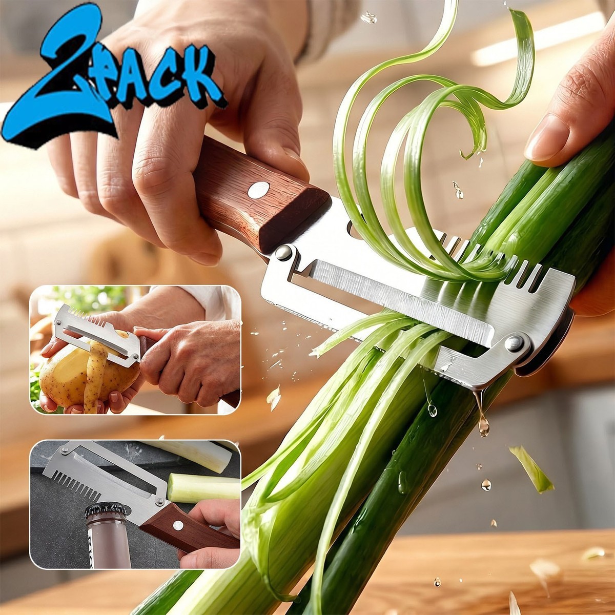 2 PCS 3-in-1 Multifunctional Vegetable Peeler with Wooden Handle