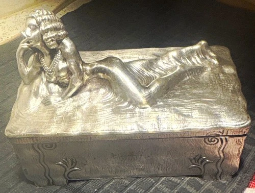 Metal Trinket Box w/ Reclining Woman Figure Lid, Marked "JB"