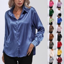 Womens Solid Shirt Ladies Casual Loose Button-up OL Work Blouse Tops New^SMLXL