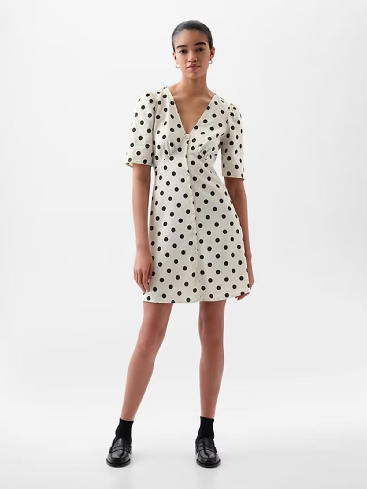 GAP Black Polka Dot Cream Linen Blend Mini Dress