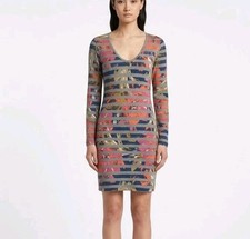 Trina Turk Striped Floral Dress Small S Gray Long Sleeve Scoop Neck Mini Tencel