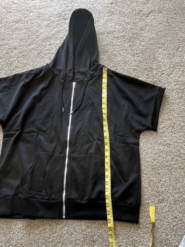 Short Sleeve Full Zip Up Hoodie Hooded Sweatshirt Polyester ~ Black L (12-14) - Picture 3 of 11