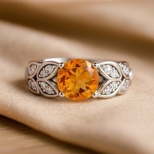 Citrine Diamond Statement 925 Sterling Silver November Birthstone Ring 1018