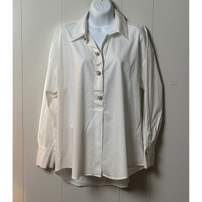 Jason Wu Women White Cotton Blend Button Down Tunic Silver Dome Buttons Sz Large