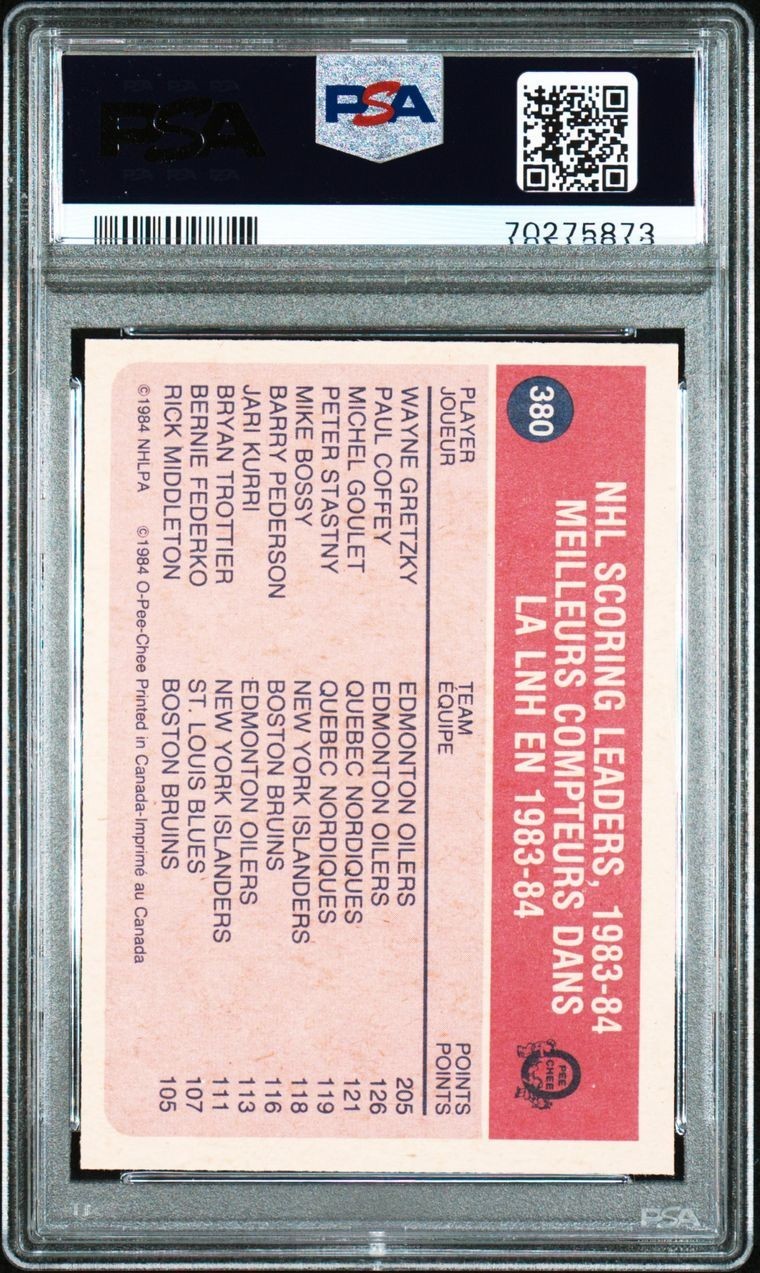 1984-85 O-PEE-CHEE WAYNE GRETZKY #380 SCORING LEADER PSA 9 MINT (Cert #70275879) view 2