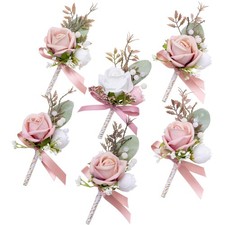 Fnize Pink Boutonniere for Men Set of 6 Groom Groomsmen Wedding Flower Men'...