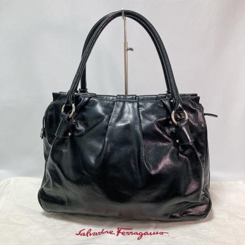 Salvatore Ferragamo Gancini Leather Tote Bag Black With Bottom Studs Good - Picture 8 of 20