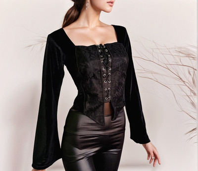 SamtBluse  Miederbluse Gothic Larp Witch Punk Medieval schwarz Gr. 38-40