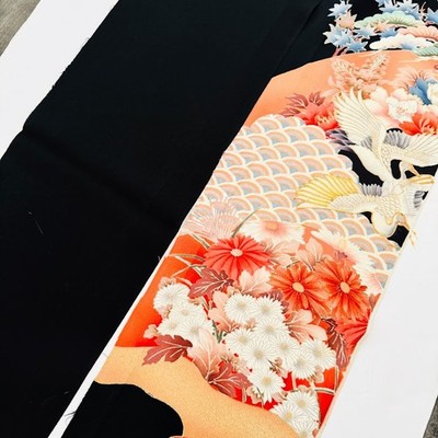 Utopia #Eset 3.33yd LONG Hand Painted Tomesode Black Silk Kimono Fabric ToG4