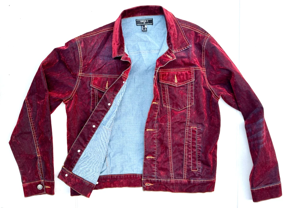 Men's Forever 21 Burgundy Denim Jacket Medium Faux Suede Textured NWOT - Image 3 of 4
