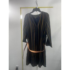 Always Indigo Navy Blue Yellow Striped V-Neck Belted Shift Dress Plus Size 1X