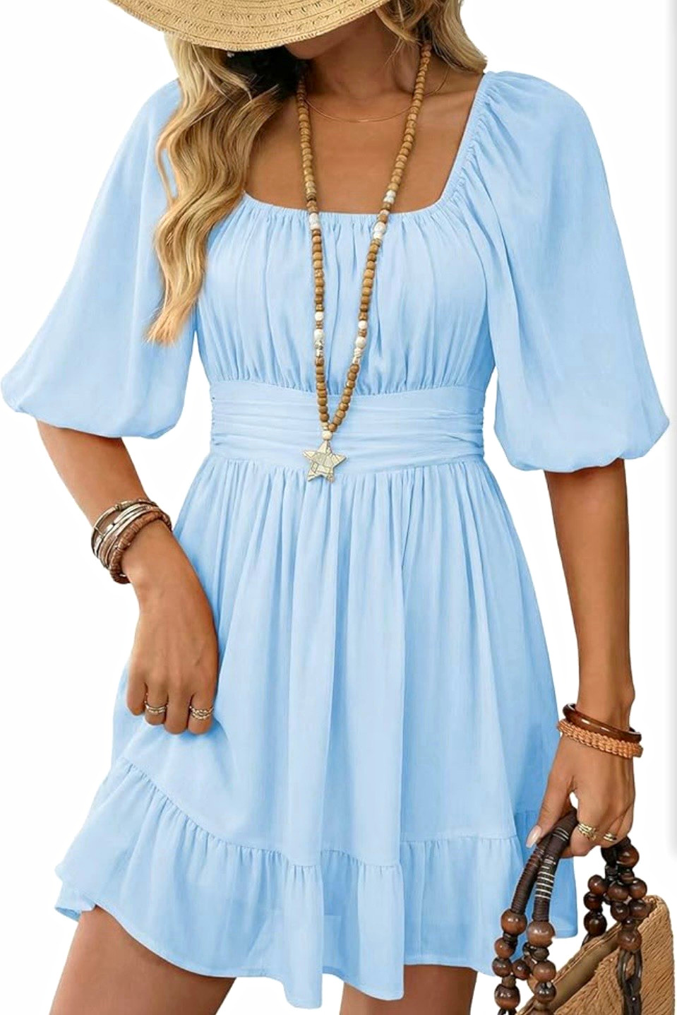 Women's Blue Square Neck Puff Sleeve Open Back Tie Ruffle Hem Mini Dress M